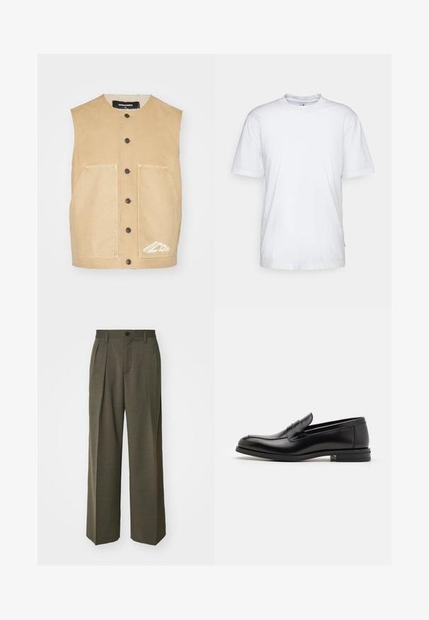 Khaki sleeveless vest with a round neckline, front button closure, two large pockets, and white logo detail on the hem. Soft-textured fabric.; White cotton t-shirt with a crew neck, short sleeves, and a straight hem. Features a small brand tag on the left side seam.; Filippa K WIDE TROUSERS - Trousers - driftwood; Black leather loafers with a smooth texture, rounded toe, and a decorative strap across the vamp. Low stacked heel, minimalist design.