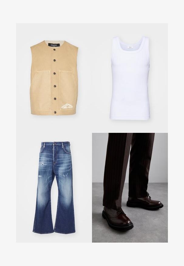 Khaki bezrukávový svetr s kulatým výstřihem, předním zapínáním na knoflíky, dvěma velkými kapsami a bílým logem na lemu. Měkká textura látky.; Bílé bavlněné tílko bez rukávů s kulatým výstřihem, s hladkou texturou a přiléhavým střihem, navržené pro volnočasové nošení.; Dlouhý rukáv bílá košile vyrobená z bavlny, s límcem na knoflíky, přední kapsou a běžným střihem. Texturovaná tkanina s hladkým povrchem.; DSQUARED2 ICON EROS - Džíny Relaxed Fit - navy blue; Hnědé kožené šněrovací boty s lesklým povrchem, černou gumovou podrážkou a jemným štepováním. Nosené s hnědými pruhovanými kalhotami.