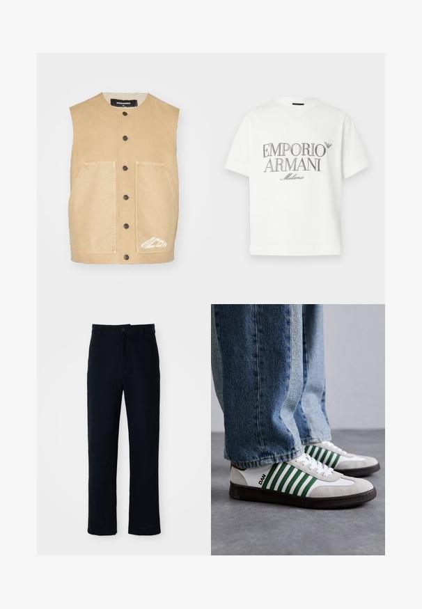 Χακί αμάνικο γιλέκο με στρογγυλή λαιμόκοψη, κλείσιμο με κουμπί μπροστά, δύο μεγάλες τσέπες και λευκή λεπτομέρεια λογότυπου στο τελείωμα. Μαλακό υλικό.; Λευκό βαμβακερό T-shirt με μεγάλο γκρι λογότυπο "Emporio Armani Milano" στο μπροστινό μέρος και μικρό λογότυπο στο πάνω αριστερό μέρος.; Κοντό παντελόνι σκούρου μπλε χρώματος, φτιαγμένο από βαμβάκι, με ίσια γραμμή, μπροστινό κλείσιμο με κουμπί και κλασική ζώνη με θηλιές.; Λευκά και πράσινα αθλητικά παπούτσια με υλικά σουέτ και δέρμα, διαθέτουν πράσινες ρίγες, λευκές κορδόνες και καουτσούκ σόλα. Συνδυάζονται με μπλε τζιν.