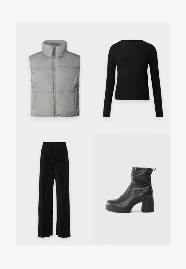 Sivý páperový vest s vysokým golierom, predným zipsom a horizontálnym prešívaním. Obsahuje bočné vrecká a jemnú textúru.; Čierny rebrovaný pulóver s dlhým rukávom, priliehajúci, s okrúhlym výstrihom, vystavený na jednoduchom svetlom pozadí.; Čierne plisované nohavice s elastickým pásom. Majú široké nohavice a hladkú, textúrovanú látku s vertikálnymi pruhmi.; Čierne členkové topánky z hladkej kože, so bočným zipsom, robustnou textúrovanou pätnou časťou a zaobleným dizajnom špičky.