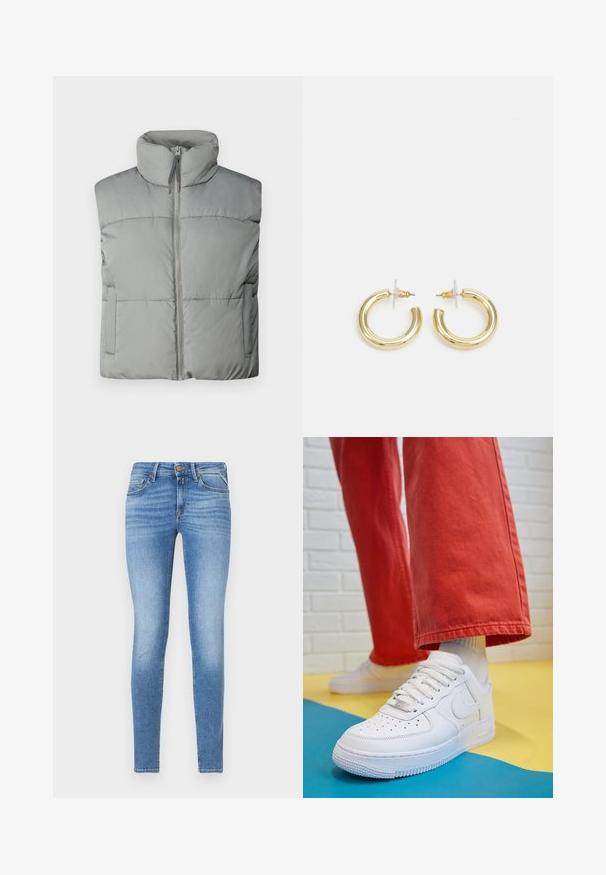 Graue Daunenweste mit hohem Kragen, Frontreißverschluss und horizontalem Steppmuster. Inklusive Seitentaschen und weicher Textur.; Bordeaux-farbene Cordhemd mit klassischem Kragen, Knopfleiste und Dreiviertelärmeln; verfügt über einen Peplum-Saum und strukturiertes Gewebe.; Slim-Fit hellblaue Jeans im Denim-Stil mit mittelhohem Bund, vorderem Knopf und Fünf-Taschen-Design.; Weiße Leder-Sneaker mit perforiertem Zehenbereich, strukturiertem Sohlen und weißen Schnürsenkeln, kombiniert mit weiten roten Hosen und einem blauen und gelben Hintergrund.; Goldene Creolen mit einer glatten, glänzenden Oberfläche. Zirkuläres Design mit einem kleinen Stecker und einer klaren Rückseite für einen sicheren Sitz.
