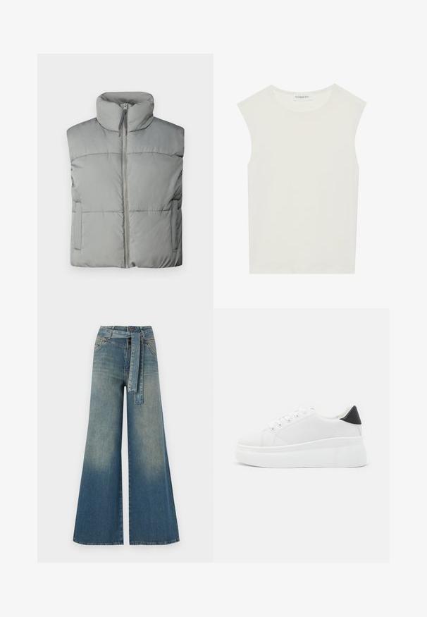 Grå puffervest med høy krage, frontlukkning med glidelås og horisontalt quiltet design. Har sidelommer og myk tekstur.; Hvit ermeløs topp med rund hals. Laget av glatt stoff, har den en avslappet passform og minimalistisk design. Ingen mønstre eller detaljer.; Bredde ben jeans med en lyseblå til mørkeblå gradient, høyt liv, beltehemper og et matchende belte i samme stoff. Teksturert denimoverflate.; Hvite plattform sneakers laget av glatt syntetisk materiale, med rund tå, snøring og en strukturert gummisåle. Svart hæl akcent.