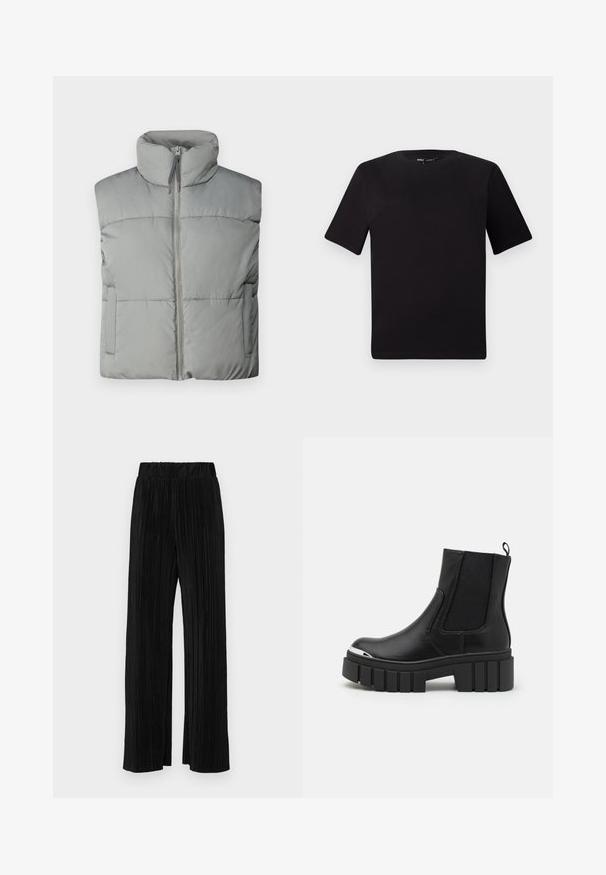 Hall värvi puhvrest, millel on kõrge krae, ees lukuga sulgemine ja horisontaalne tikand. Sisaldab küljetaskuid ja pehmet tekstuuri.; Must olema lühikeste varrukatega must t-särk ümmarguse kaelusega, valmistatud pehmest puuvillast kangast. Lihtne disain, ilma nähtavate logode või mustriteta.; Mustad pleekitud püksid elastse vöökohtaga. Omavad laiad jalad ja sujuvat, tekstureeritud kangast vertikaalsete triipudega.; Mustad mustad kingad sileda nahaga, elastsete paneelidega, paksu platvormi tallaga ja metallist varbaga.