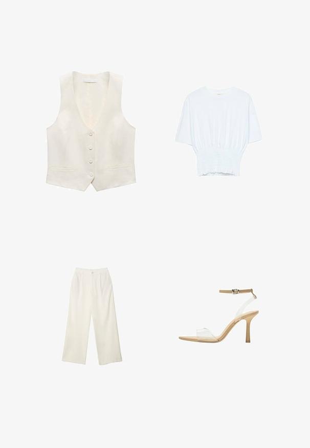 Krem prsluk bez rukava napravljen od teksturiranog materijala, s dubokim V-izrezom, pet dugmadi sprijeda i dva prednja džepa.; Bijela majica kratkih rukava s opuštenim krojem i nabrano teksturom na struku. Izrađena od mekog, laganog materijala.; Hlače širokih nogavica od kremaste tkanine s glatkom teksturom, s jednim prednjim gumbom, suptilnim plitvicama i visokim strukom.; Sandal s prozirnim potplatom i prozirnim gornjim dijelom, bež uloškom i tankim remenom oko gležnja. Ima špicasti vrh i tanak visoki potplat.