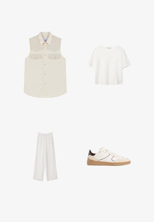 Canotta color crema con yoke a motivo spigato, due tasche sul petto e chiusura con bottoni, caratterizzata da un orlo curvo.; T-shirt bianco a maniche corte realizzato in cotone. Presenta un collo tondo e una vestibilità rilassata. Texture liscia senza motivi o dettagli visibili.; Pantaloni a gamba larga bianchi realizzati in un tessuto leggero. Presentano una vita elastica con cordoncino e tasche laterali. Texture liscia.; Stradivarius Sneakers basse - white