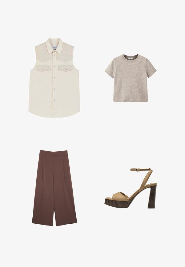 Beżowa koszulka bez rękawów z jodełkowym wykończeniem, dwiema kieszeniami na piersi oraz zapięciem na guziki, z delikatnie zaokrąglonym dołem.; Beżowy krótki sweter z krótkim rękawem, wykonany z miękkiej dzianiny. Posiada okrągły dekolt i prążkowane wykończenia. Prosty i minimalistyczny design.; Brązowe spodnie o szerokich nogawkach z gładką fakturą, z wysokim stanem i plisami z przodu. Materiał jest lekki i luźno opada.; Beżowe zamszowe sandały na wysokim obcasie z szerokim paskiem z przodu i paskiem za kostkę, z masywnym drewnianym obcasem o teksturowanym wykończeniu.
