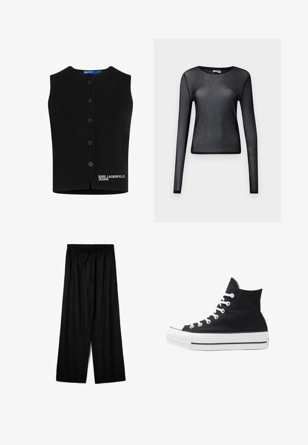 Svart stickad väst med rundad halsringning, sex knappstängningar och "KARL LAGERFELD JEANS" broderat i vitt längst ner till vänster.; Svart långärmad topp i genomskinligt material, med rund halsringning och smal passform, med fint kantade fållar.; Svarta vida byxor i lättviktsmaterial, med elastisk midja och dragsko för justerbar passform. Slät textur.; Svart hög sneakers i canvas med vita ögla, snören och gummisulor. Har en texturerad tåskydd och svartvita randiga detaljer.