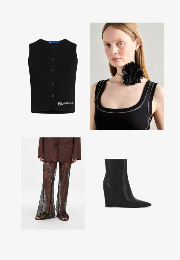 Svart stickad väst med rundad halsringning, sex knappstängningar och "KARL LAGERFELD JEANS" broderat i vitt längst ner till vänster.; Svart rippad linne med rund halsringning, med en silver Diesel-logotyp i mitten. Tyget är texturerat och åtsittande.; Svarta spetsbyxor i utsvängd modell med blommönster, genomskinlig textur och vida benöppningar, parat med bruna slidesandaler.; Svart kilklack stövlet med texturerat läder; har en spetsig tå och en slät, elegant design med en formad silhuett.; Svart blomsterhalsband i lager av blomblad, bärs med en svart ribbad linne med silverdetaljer längs halsringningen och axlarna.