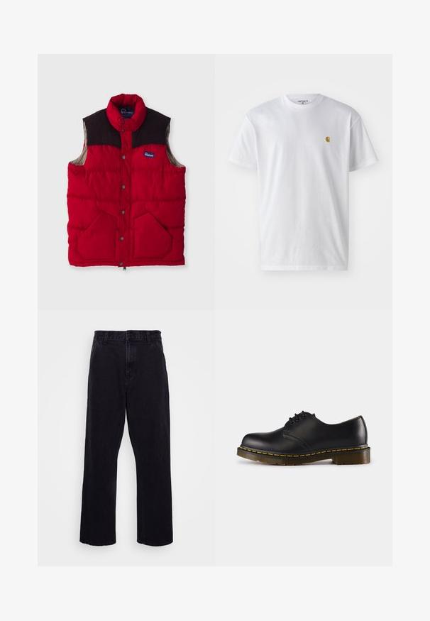 Crvena podstava prsluka s visokim ovratnikom, tamnosmeđim ramenim panelima, dugmadi na zaklapanje i dva prednja džepa, s najlonskom vanjštinom i mekanom podstavom.; Bijela pamučna majica kratkih rukava s okruglim izrezom, sa malim zlatnim logotipom na lijevoj strani prsnog koša. Mekana tekstura i standardni kroj.; Crne traperice sa ravnim krojem, s gumbom i patentnim zatvaračem, petljama za pojas i minimalnim detaljima šivanja.; Crna kožna cipela s zaobljenim prstom, dizajnom na vezivanje, žutim šavovima duž pete i debelim, teksturiranim gumiranim đonom.