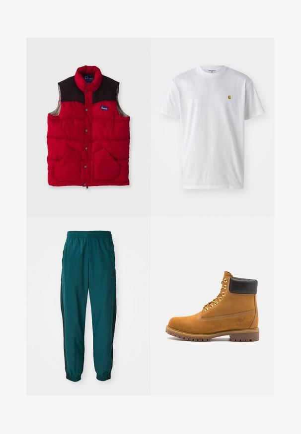 Raudonas pagalvėlėmis užpildytas liemenė su aukštu apykakle, tamsiai rudos pečių dalimis, spaudinėmis sagomis ir dviem priekinių kišenių, su nailoniniu išoriniu paviršiumi ir minkšta pamušalu.; Balta medvilnės marškinėliai su trumpomis rankovėmis, apvalia iškirpte, kuriuose kairėje krūtinės pusėje yra mažas auksinis logotipas. Minkšta tekstūra ir reguliari forma.; Žalios sportinės kelnės su raišteliu juosmenyje, elastiniais rankogaliais ir šoninėmis juodomis juostomis. Pagamintos iš lengvos medžiagos, su logotipu šalia klubų.; Tan spalvą turintys suknelės batus iki kulkšnies su juodu paminkštintu apvadu, auksiniais metaliniais akių užsegimais, baltais siūlų dekoratyviniais elementais ir tvirtu guminiu padu su ryškiai išreikštais raštais.