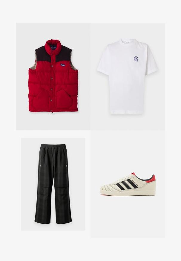 Crvena podstava prsluka s visokim ovratnikom, tamnosmeđim ramenim panelima, dugmadi na zaklapanje i dva prednja džepa, s najlonskom vanjštinom i mekanom podstavom.; Bijela pamučna majica kratkih rukava, s okruglim izrezom i malim, plavim izvezenim logom "C" na lijevoj strani prsa.; Crne karirane hlače s elastičnom urezom, dva prednja džepa i ležernim krojem s ravnim nogavicama. Izrađene su od laganog materijala.; Kremaste kožne tenisice s crnim prugama, crvenim detaljima na petama i teksturiranim elementima. Imaju gumeni đon i vezanje na vezice.