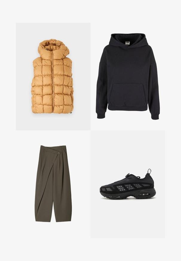 Vesta din material pufos de culoare muștar, cu un design matlasat cu pătrate mari, guler înalt și închidere cu fermoar frontal. Material texturat.; Hanorac negru din bumbac cu o buzunar mare tip kangur, glugă largă, manșete și tiv din bumbac ribat. Design simplu, de tip pulover, fără modele vizibile.; Pantaloni cu croi larg dintr-un material verde măsliniu închis, cu un design pliat în față, închidere cu nasture și o suprafață lustruită și texturată.; Pantofi sportivi negri cu talpă amortizată, partea superioară din plasă și accente texturate. Include un tab de tragere și un sistem de prindere circular în partea de sus.