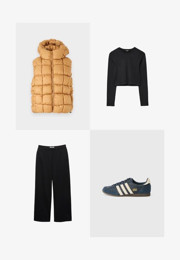 Pufová vesta v horčicovo žltej farbe, s prešívaným dizajnom s veľkými štvorcami, vysokým golierom a predným zipsom. Štruktúrovaná tkanina.; Čierny dlhý rukáv skrátený top s okrúhlym výstrihom, jednofarebný dizajn a mierne zakrivený lem.; Čierne široké nohavice s elastickým pásom, s hladkou textúrou a dvoma prednými záhybmi pre väčší detail.; Námornícky modré semišové tenisky s krémovými pruhmi, textúrovanou špičkou, zlatým logom "adidas JAPAN" a hnedou gumovou podrážkou. Klasický nízky dizajn.