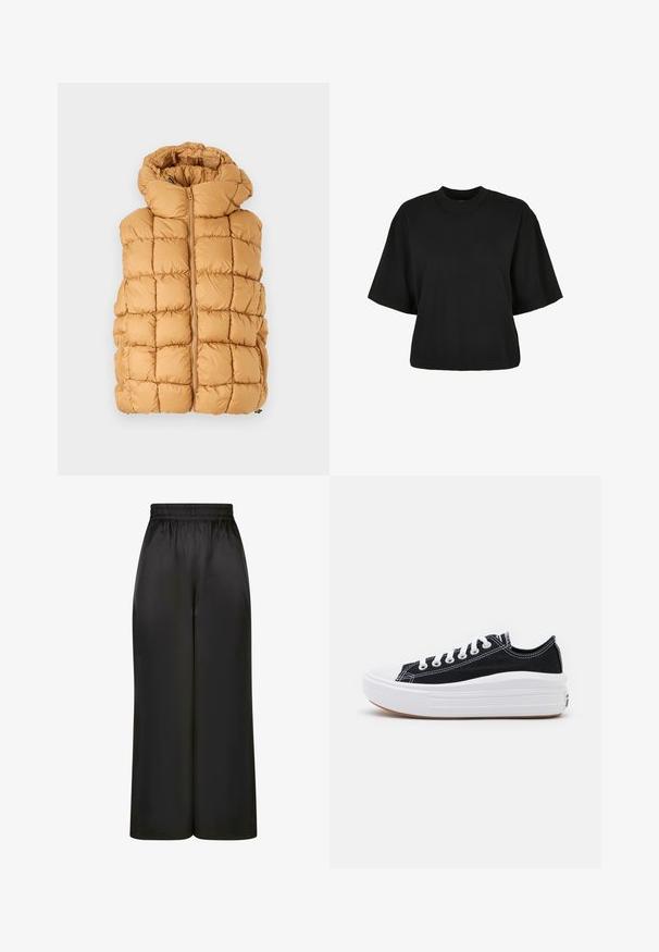 Puhasti jopič v gorčični rumeni barvi, z quilt vzorcem velikih kvadratov, visokim ovratnikom in sprednjim zadrgo. Teksturni material.; Črna kratka majica iz bombaža. Ima kratke roke in okroglo izreza. Gladka tekstura z enostavnim dizajnom, brez dodatnih vzorcev.; Črne široke hlače iz gladkega, sijočega materiala z elastičnim pasom in brez vidnih žepov ali kovinskih detajlov.; Črne platnene športne copate z belimi vezalkami, belim gumijastim prstnim zaščitnikom in masivnim belim srednjim podplatom. Imajo subtilne bele šive in gumijast podplat.