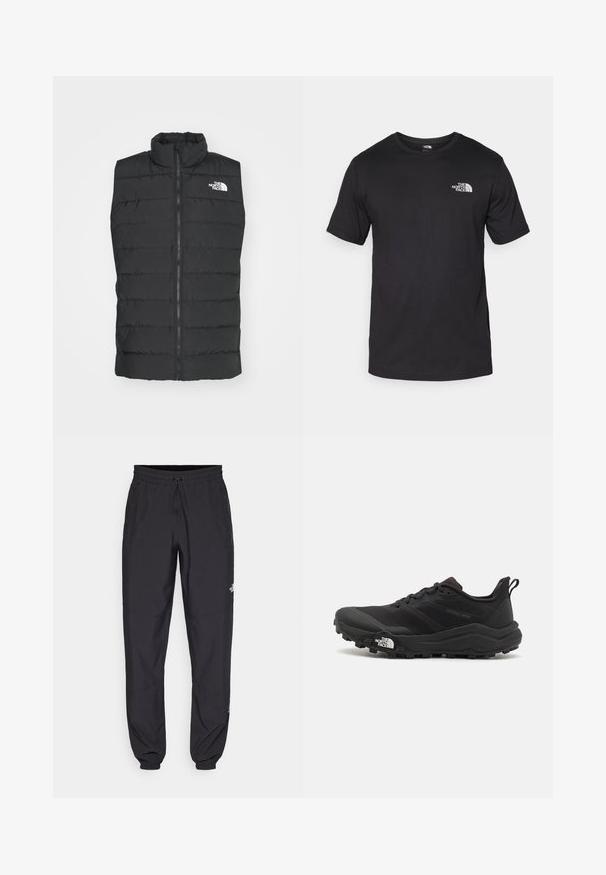 Colete acolchoado preto com gola alta, fecho de zip, design acolchoado e logótipo característico no peito, exibindo uma textura lisa e mate.; T-shirt preto de manga curta feito de algodão, com um decote redondo e um pequeno logótipo branco na parte superior esquerda do peito.; Calças atléticas pretas feitas de tecido leve, com um cós ajustável por cordão, bolsos laterais e punhos afunilados nos tornozelos.; Sapatilha de trail running preta com um upper texturizado, sola de borracha e biqueira reforçada. Possui um colarinho acolchoado e uma alça para facilitar o calçar.