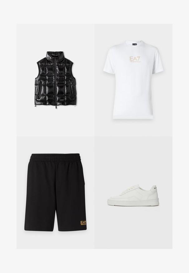 Schwarze Steppweste mit Stehkragen, Reißverschluss und strukturiertem Design. Verfügt über zwei Seitentaschen und ein Label auf der unteren Vorderseite.; Weißes Baumwoll-T-Shirt mit Rundhalsausschnitt und kurzen Ärmeln, mit einem goldenen EA7 Emporio Armani-Logo auf der Vorderseite.; Schwarze Sportshorts aus weichem Material, mit einem elastischen Bund und einem kleinen gelben EA7-Logo am unteren linken Bein.; Weiße Ledersneaker mit glatter Oberfläche, runder Zehenpartie, flachen Schnürsenkeln und strukturiertem Sohlenprofil. Mit einem dezenten Logo an der Ferse.
