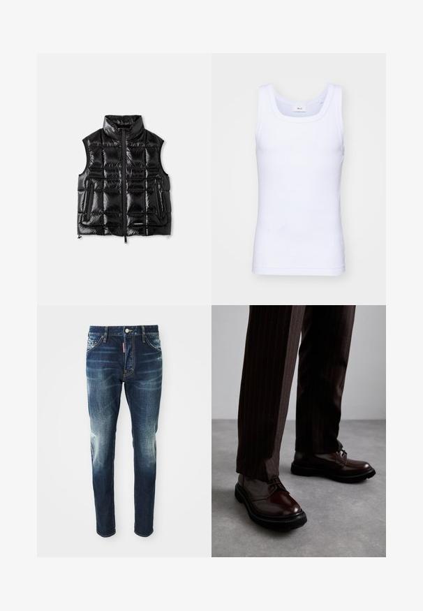 Zwarte puffer vest met een opstaande kraag, rits aan de voorkant en een geborduurde textuur. Beschikt over twee zijzakken en een label op de onderkant van de voorkant.; Witte katoenen mouwloze tanktop met een ronde halslijn, met een gladde textuur en een aansluitende pasvorm, ontworpen voor casual gebruik.; Donkerblauwe spijkerbroek met een slim fit, met vervaagde gebieden op de bovenbenen en knieën, vijf zakken en een metalen knoopsluiting.; Bruine leren veterschoenen met een glanzende afwerking, zwarte rubberen zool en subtiele stiksels. Draag ze met bruin gestreepte broek.