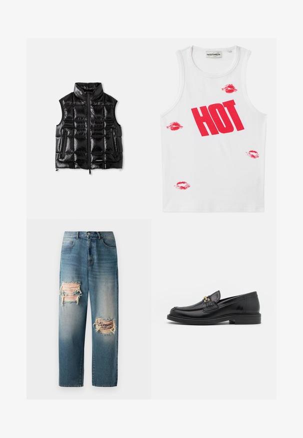 Černá péřová vesta s vyšším límcem, zipovým předním zapínáním a prošívanou texturou. Obsahuje dvě boční kapsy a štítek na spodní části přední strany.; Bílý žebrovaný top s velkým červeným textem "HOT" a akcenty červených rtů. Čistý výstřih a průramky, ležérní unisex design.; Svetle modré denimové džíny s volnějším střihem, které mají dvě opotřebované nášivky na přední straně s třepenými okraji a vybledlým vzhledem.; Černé kožené mokasíny s zaoblenou špičkou, vyznačující se zlatými kovovými detaily a prošíváním, umístěné na nízké, texturované gumové podrážce.