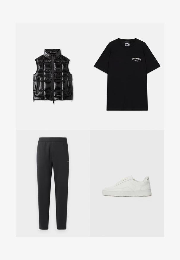 Zwarte puffer vest met een opstaande kraag, rits aan de voorkant en een geborduurde textuur. Beschikt over twee zijzakken en een label op de onderkant van de voorkant.; Zwarte katoenen T-shirt met korte mouwen, met een wit "DSQUARED2 MILANO" logo op de borst. Crew neck ontwerp, gladde textuur.; Zwarte joggingsbroek gemaakt van zachte stof, met een elastische tailleband, rechte pijpen en een klein logo detail aan de zijkant.; Witte leren sneaker met een gladde afwerking, ronde neus, platte veters en een gestructureerde zool. Kenmerkt zich door een subtiel logo op de hiel.