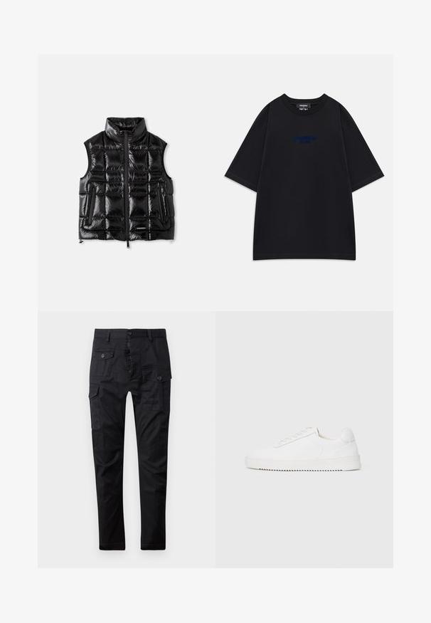 Melnā pūkaina veste ar augstu apkakli, ar rāvējslēdzēju priekšā un quilted tekstūru. Iekļauj divas sānu kabatas un etiķeti apakšējā daļā.; Melna oversized T-krekls ar īsām piedurknēm, apaļo dekoltē un nelielu zilu tekstu "DSQUARED2 MILANO" uz krūtīm.; Melnas kravas bikses, izgatavotas no izturīga auduma, ar daudzām kabatām, pogu jostu un taisnu kāju dizainu. Gluda tekstūra un matēta apdare.; Baltas sporta apavi ar gludu ādas virsu, noapaļotu purngalu, auklām, teksturētām sānu akcentiem un biezu gumijas zoli. Minimālists dizains.