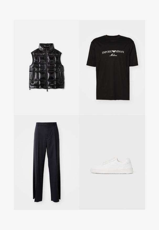 Crna puffer prsluk s lažnim ovratnikom, zatvaranjem na munje i kuhano teksturom. Ima dva bočna džepa i oznaku na donjoj prednjoj strani.; Crna pamučna majica s okruglim izrezom, kratkim rukavima i bijelim logotipom "EMPORIO ARMANI" iznad riječi "Milano" u zakrivljenom dizajnu.; Crne, hlače visokog struka s širokim nogavicama, izrađene od glatkog materijala. Sadrže prednje nabore i petlje za remen. Minimalistički dizajn, bez vidljivih metalnih dijelova.; Bijela tenisica s glatkim kožnim gornjim dijelom, okruglim vrhom, vezicama, teksturiranim bočnim detaljima i debelim gumeni potplat. Minimalistički dizajn.
