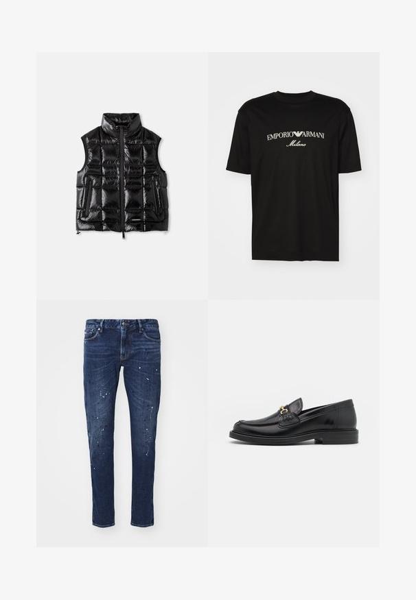 Gilet imbottito nero con collo alto, chiusura con zip e texture a trapunta. Presenta due tasche laterali e un'etichetta sul davanti in basso.; T-shirt in cotone nero con scollatura rotonda, maniche corte e logo "EMPORIO ARMANI" in bianco sopra "Milano" in una disposizione curva.; Jeans in denim blu scuro con vestibilità slim, caratterizzati da schizzi di vernice, cuciture visibili e design classico a cinque tasche. Taglio dritto.; Mocassini in pelle nera con punta rotonda, dotati di accentuazione in metallo dorato e dettagli di cucitura, posizionati su una suola in gomma testurizzata bassa.