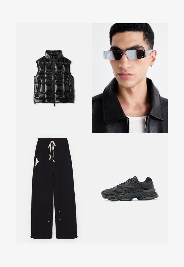 Črna puhovka brez rokavov z zaprtim ovratnikom, zadrgo spredaj in prešitimi detajli. Ima dva stranska žepa in oznako na spodnjem sprednjem delu.; Črno kratko majico s kratkimi rokavi iz bombaža, z okroglo ovratnico in sproščenim krojem. Gladka tekstura z minimalnimi detajli šivanja.; Črne široke hlače iz mehkega blaga z elastičnim pasom na vrvico, stranskimi žepi in trikotnim dodatnim žepom. Vključeni so srebrni detajli.; Črne tekaške superge, ki združujejo mrežaste in sintetične materiale, imajo debel podplat, ukrivljen oblikovni slog ter izrazito blagovno znamko na strani.; Angularne sončne očala s sivim tonom in srebrnim okovjem, postavljena na svetli podlagi. Leče imajo edinstveno geometrijsko obliko.