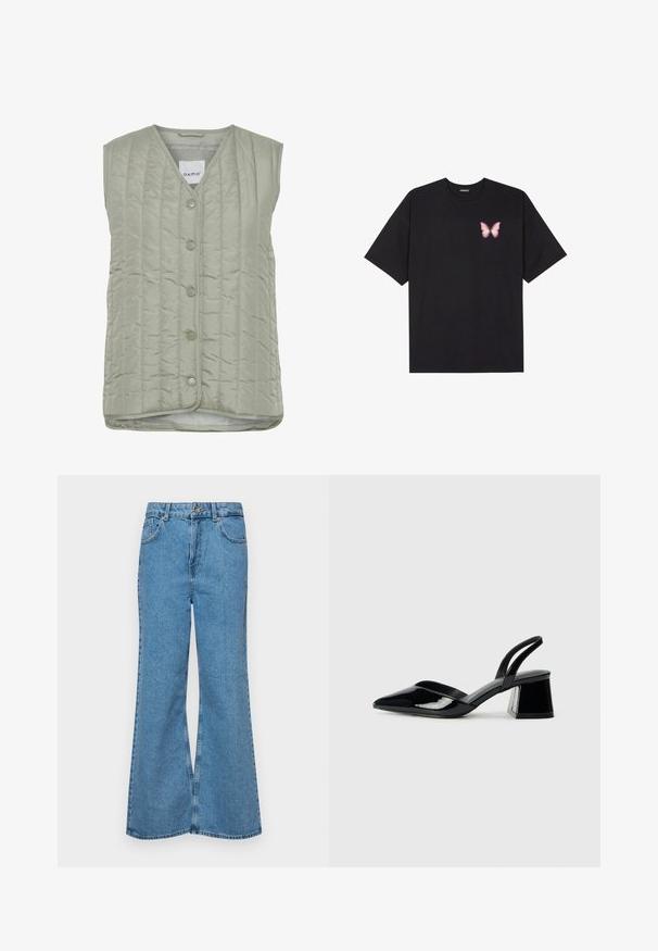 Kergesti polsterdatud ilma käisteta vest helesinisel, V-kaelusega, kuue nupu kinnitusega ja sileda tekstuuriga koos peente õmblusmustritega.; Must muströöpidega must puuvillane T-särk, vasakul rinnal on väike roosa liblikas. Ümar kaelus ja vabalt istuv lõige.; Heledad sinine flared teksade rõivad, millel on kõrge talje, viis taskut ja üks nupulukk. Pehme tekstuur ja pleekinud viimistlus.; Mustad musta lakknahk kingad, millel on terav varvas ja geomeetriline plokkkonts. Omab elegantselt minimalistlikku disaini ja sujuvat tekstuuri.