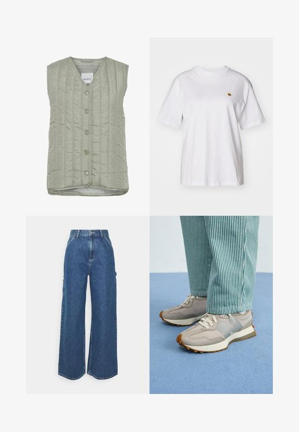 Viegli zaļa, ar polsterējumu un bez piedurknēm, ar V veida izgriezumu, sešiem pogu aizdari un gludu tekstūru ar smalkām šuvju rakstām.; Balta kokvilnas T-kreklā ar brīvu piegriezumu, īsām piedurknēm un mazu izšūtu logotipu kreisajā krūtīs.; Platleņķa zili džinsi ar augstu jostasvietu, kontrastējošām šuvēm un sānu kabatām, ar klasisku piecu kabatu dizainu un neapstrādātiem malām.; Pelēki sporta apavi ar zamša un acs paneliem, baltiem šņorēm un teksturētu zoli. Valkāti ar tirkīza svītrainām biksēm. Zils teksturēts fons.