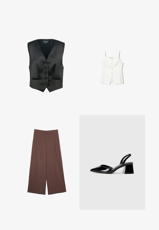 Luisa Spagnoli SCOLARO - Vesta - nero; Bílý bezrukávový top se zapínáním na knoflíky vpředu, postranními kapsami a přiléhavým střihem s mírně rozšířeným lemem. Hladká textura, minimální detaily.; Hnědé široké kalhoty s hladkou texturou, vysokým pasem a předními záhyby. Materiál je lehký a volně splývá.; Černé lakované kožené lodičky na pásku s špičatou špičkou a geometrickým blokovým podpatkem. Vyznačují se elegantním, minimalistickým designem a hladkým povrchem.