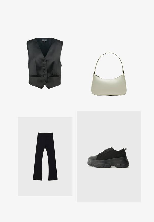 Luisa Spagnoli SCOLARO - Weste - nero; Schwarzes kurzärmliges Crop-Top aus weichem Stoff, mit rundem Halsausschnitt und einem lässigen Schnitt mit einem sauberen Saum.; Schwarze Yogahosen mit hohem Bund, aus dehnbarem Stoff, mit einem ausgestellten Bein-Design und einer durchgehend glatten Textur.; Schwarze Sneakers mit einer dicken Gummisohle, strukturiertem Obermaterial, runder Zehenpartie und Schnürdesign. Verfügt über verstärkte Ösen und eine Schlaufe an der Rückseite.; Hobo-Tasche aus hellbeigem Leder mit geschwungener Silhouette, schmalem Schulterriemen und einem Reißverschluss oben. Glatte Textur mit minimalen Akzenten.