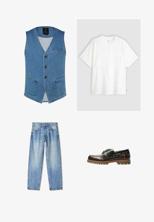 Denimweste in hellblau mit V-Ausschnitt, fünf Knöpfen, einer linken Brusttasche und zwei vorderen Taschen. Merkmale sichtbare Steppnähte.; Weißes T-Shirt mit kurzen Ärmeln aus Baumwolle und rundem Halsausschnitt. Besitzt ein dezentes, geprägtes Logo-Detail auf der Vorderseite und ein rotes Etikett am Saum.; Helle blaue Denim-Jeans mit lockerem Schnitt, geradem Bein-Design, fünf Taschen und verblasster Textur. Enthält einen Frontknopf- und Reißverschluss.; Braune und grüne Lederbootsschuhe mit einem weißen gestickten Design, runden Schnürsenkeln und einer strukturierten Gummisohle. Robuste Bauweise mit Metallösen.