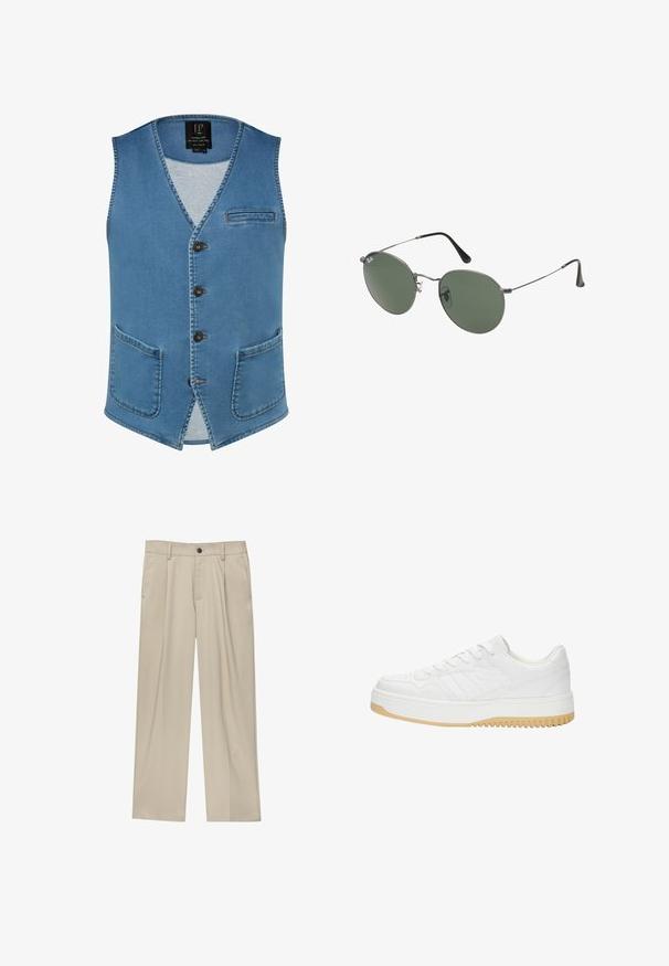 Džínová vesta v světle modré barvě s výstřihem do V, pěti knoflíky, kapsou na levé straně hrudi a dvěma předními kapsami. Obsahuje viditelné švy jako dekorativní prvek.; Bílá polo košile vyrobená z bavlny, s klasickým límcem, krátkými rukávy a malým námořnickým logem na levé hrudi. Dvoutlačítková léga.; Béžové kalhoty klasického střihu, se jedním černým knoflíkem, poutky na opasek a bočními kapsami. Hladká textilie a minimalistický design.; Bílé kožené tenisky s texturovaným povrchem, vybavené gumovou podrážkou, šněrovacím designem a jemnými proužkovými akcenty po stranách.; Sluneční brýle s kovovým rámem a oválnými zelenými skly. Tenký stříbrný kovový rám a černé chrániče uší. Minimalistický design, žádné viditelné logo.