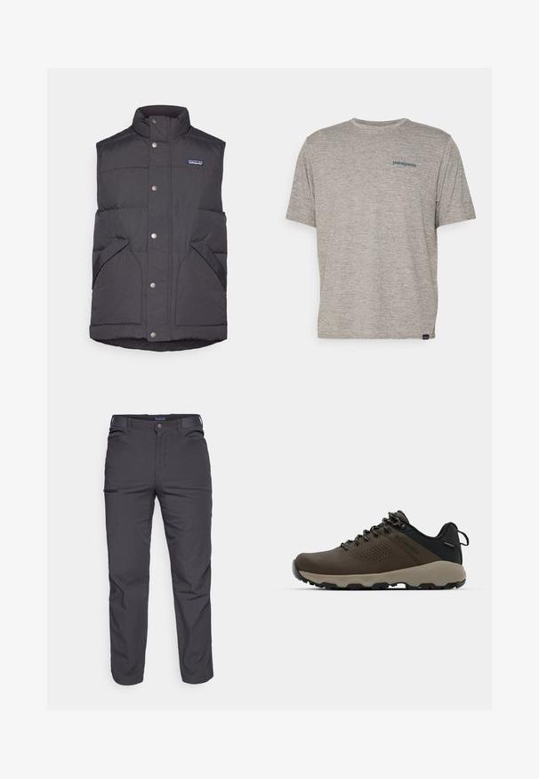 Juodas pūkinis liemenė su aukštu apykakle, spaudimo mygtukais ir šoninėmis kišenėmis. Yra siuvinėtas raštas ir mažas logotipas ant krūtinės.; Pilkas trumpas rankovės marškinėliai, pagaminti iš minkštos, tekstūruotos medžiagos, ant kairiojo krūtinės puikuojasi mažas mėlynas Patagonia logotipas. Be papildomų raštų.; Tamsiai pilki kelnės, pagamintos iš patvarios medžiagos, su užtrauktuku užsegamu kišeniu, tiesiu kirpimu ir diržo kilpom pritaikytiems dydžiams.; Rudi nepralaidūs sportbačiai su tekstūruota viršutine dalimi, perforuotomis detalėmis, juodu kulno palaikymu ir pilku guminio padu. Šniūreliai yra dekoruoti metaliniais galais.