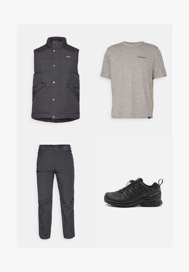 Svart pufferväst med hög krage, tryckknappar och sidofickor. Har ett sydd mönster och en liten logotyp vid bröstet.; Grå kortärmad t-shirt i mjukt, strukturerat tyg med en liten blå Patagonia-logotyp på vänster bröst. Inga ytterligare mönster.; Mörkgrå byxor i slitstarkt material, med en ficka med dragkedja, rak passform och bälteshällor för justerbar passform.; Svart sportskor med en strukturerad syntetöverdel, dämpad sula och ett snabbsnörningssystem. Har förstärkt tå och hälen.
