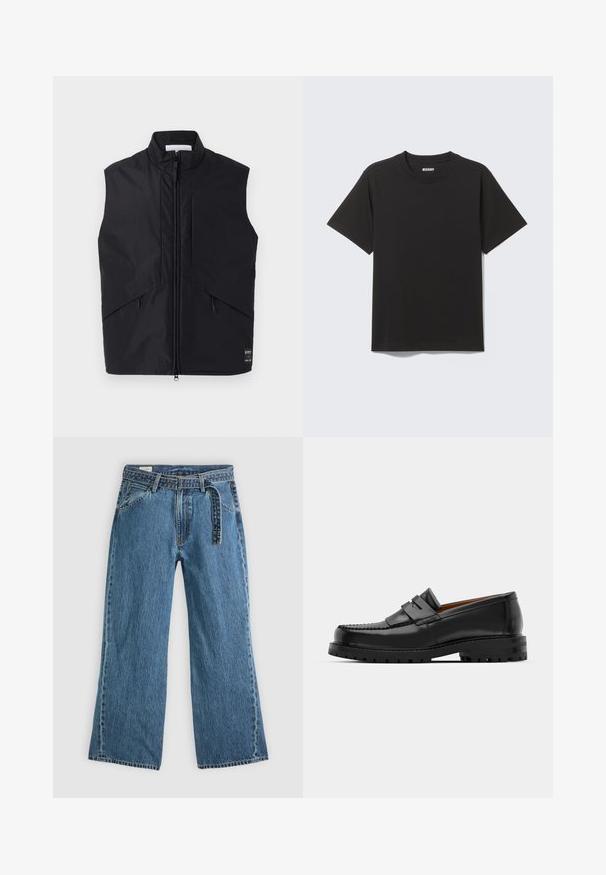 Melnas bezpiedurkņu veste, izgatavota no viegla, ūdens necaurlaidīga materiāla, ar augstu apkakli, priekšējo rāvējslēdzēju un slīpām sānu kabatām.; Melns īsroku T-krekls no mīksta kokvilnas auduma ar apaļu kakla izgriezumu un vienkāršu dizainu bez rakstiem vai izcelto elementu.; Zilas džinsa platās kājas bikses ar pievienotu jostu, priekšējām kabatām un redzamiem šuvumiem uz vienkārša gaiša fona.; Melni ādas loafers cepumi izceļas ar paceltu šuvu, divām dekoratīvām siksnām augšpusē un biezu teksturētu zoli labākai saķerei.