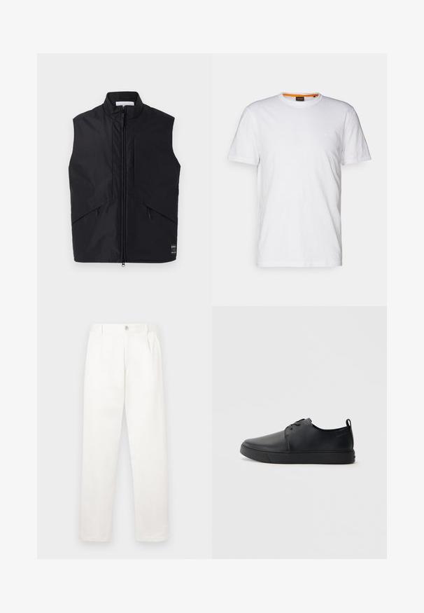 Musthave musterta, mis on valmistatud kerge ja veekindla materjali, millel on kõrge kaelus, esine zipper ja kaldus küljekotid.; Valge puuvillane T-särk ümmarguse kaelusega, lühikeste varrukatega ja rinna peal diskreetse reljeefse logoga. Siseetiketil on oranž detail.; Valged püksid, mis on valmistatud siledast kangast, sirge jala disainiga, ees olevate voldidega ja ühekordse nupuga vöökohtadel.; Mustaläik nahast spordijalatsid siledaga viimistlusega, ümarate varvastega, sama tooni õmblustega, nööbid ees, ja lamedate kummist tallaga. Kannas aas.