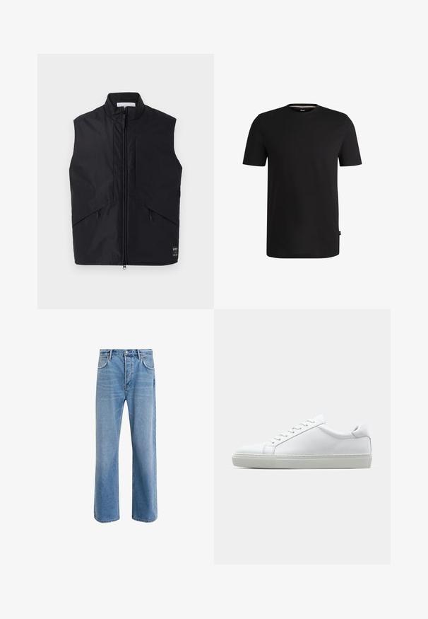 Black sleeveless vest made of lightweight, water-resistant material, featuring a high collar, front zipper, and angled side pockets.; Black short-sleeve t-shirt made of smooth cotton with a round neckline. Features a subtle brand label on the left side near the hem.; Light blue denim jeans with a straight-leg design, five pockets, button closure, minimal fading, and contrasting stitching details.; White sneaker with a smooth leather upper and a low profile. Features a rounded toe, six eyelets, and a textured rubber sole.