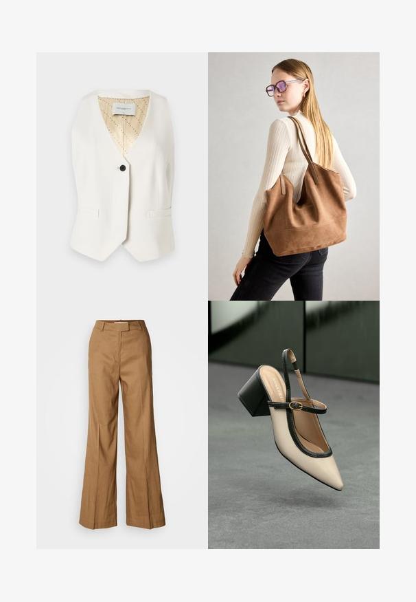Copenhagen Muse TAILOR - Veste - jet stream; Balts kokvilnas T-krekls ar brīvu piegriezumu, īsām piegriezta piedurknēm, apaļu kaklu un gludu tekstūru. Vienkāršs, minimāls dizains.; Brūnas platās bikses, kas izgatavotas no viegla auduma. Ievērojama plakanā priekšpuse, jostas cilpas un piegriezums ar potītes garumu.; Beige smailā purngalā siksnu kurpe ar melnu akcentu, zelta sprādzi un masīvu bloku papēdi uz pelēka grīdas ar tumši zaļu fonu.; Burgundijas zamšs tote soma ar mīkstu tekstūru, plašu atveri un garām siksnām. Iezīmē vienkāršu dizainu ar redzamām šuvēm un bez aparatūras.