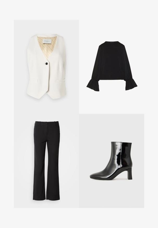 Copenhagen Muse TAILOR - Strukirani kaput - jet stream; Crna majica dugih rukava s proširenim manžetama, mekanim materijalom i opuštenim krojem, s jednostavnim okruglim izrezom.; Crne hlače od pamučne mješavine ravnog kroja, s prednjim kopčanjem na gumb i dva bočna džepa. Glatka tekstura, bez vidljivih uzoraka.; Crne lakirane kožne gležnjače s šiljastim prstom i srednje visokom blok petom. Glatka tekstura i minimalistički dizajn.