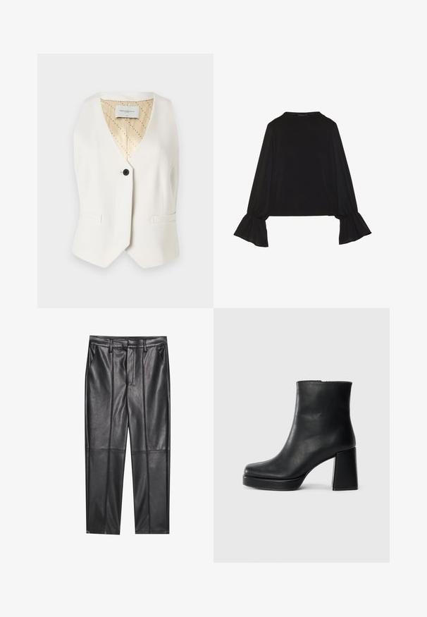 Copenhagen Muse TAILOR - Vesta - jet stream; Čierny top s dlhými rukávmi, flitrovanými manžetami, mäkkou textúrou a voľným strihom, s jednoduchým okrúhlym výstrihom.; Čierne kožené nohavice s hladkou textúrou, rovného strihu, s dvoma prednými vreckami a viditeľným švom.; Čierne kožené členkové topánky s blokovým podpätkom a platformovou podrážkou, zobrazené z boku na bielom pozadí.