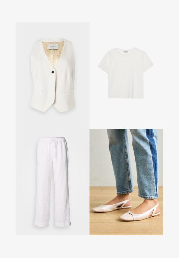 Copenhagen Muse TAILOR - Vest - jet stream; Hvit T-skjorte med kort erm laget av myk bomull. Har rund hals og avslappet passform. Rent design uten synlige mønstre eller aksenter.; Hvite linbukser med en avslappet passform, elastisk midje og snor. Har rette ben og rullede kanter for et uformelt utseende.; Lys rosa slingback leiligheter med spiss tå, laget av et glatt, læraktig materiale. Har utskjæringer på sidene og lav hæl.