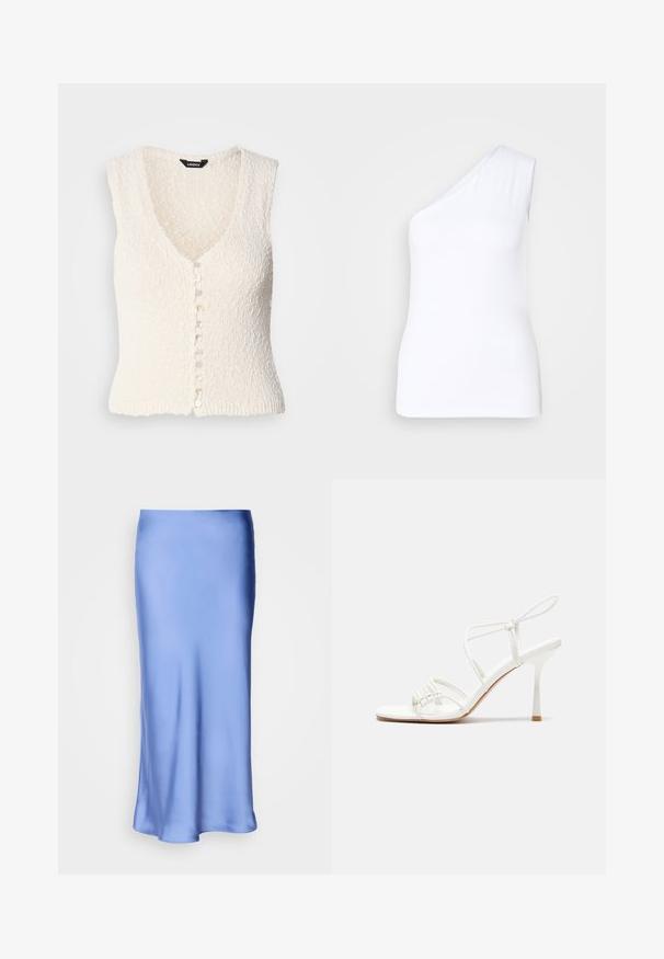 White sleeveless knit vest with a V-neck and textured fabric. Features a button front with round, light-colored buttons.; Asymmetric white tank top with one shoulder design, made from smooth fabric, featuring a fitted silhouette and clean edges.; Satin blue midi skirt with a smooth, lustrous finish. Flared silhouette, hem curves gently, highlighting its fluid design.; White strappy high-heeled sandal with a flat toe base, textured front with gathered accents, and a slim ankle strap.