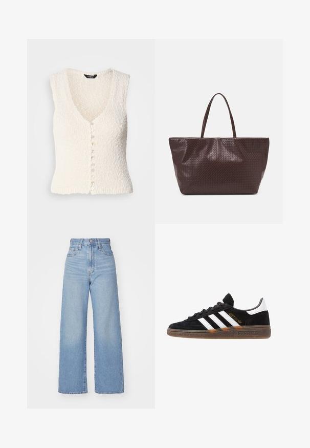 Biały bezrękawnik dzianinowy z dekoltem w kształcie litery V i teksturowanym materiałem. Posiada zapięcie na guziki z okrągłymi, jasnymi guzikami.; Różowa bezrękawnikowa bluzka z dekoltem w kształcie litery V, z marszczeniami i kwiecistym wzorem. Małe czerwone kwiaty rozmieszczone są na tle w groszki.; Jasnoniebieskie jeansy z wysokim stanem i szerokimi nogawkami, z zapięciem na guziki i zamek z przodu, przednie i tylne kieszenie, na białym tle.; Czarny sneaker Adidas z białymi paskami, złotym napisem "Spezial", gumową podeszwą i białym elementem przy pięcie, przedstawiony w widoku z profilu.; Brązowa pleciona torba na ramię ze skórzanym wykończeniem, z dwoma uchwytami, o usztywnionym kształcie i teksturowanej powierzchni, z charakterystycznym wzorem w diamenty.