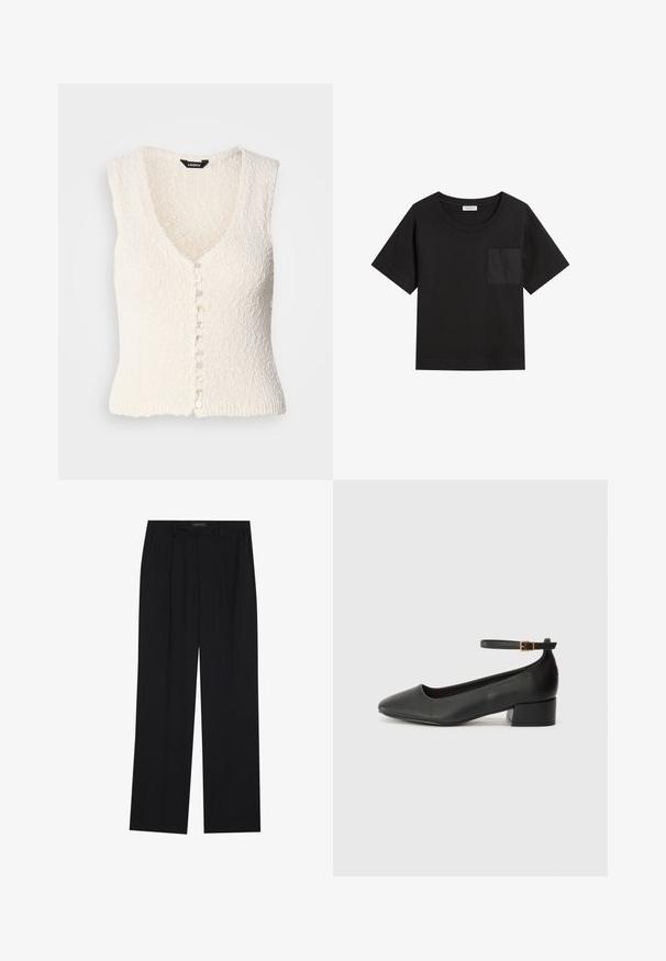 Weißer ärmelloser Strickpullover mit V-Ausschnitt und strukturiertem Stoff. Mit einer Knopfleiste mit runden, hellen Knöpfen.; Schwarzes Baumwoll-T-Shirt mit rundem Ausschnitt und kurzen Ärmeln. Mit einer aufgesetzten Tasche auf der linken Brust und einer lockeren Passform.; Schwarze Hose mit geradem Bein, ausgestattet mit zwei frontalen Taschen und einem Taillenbund. Hergestellt aus einem glatten, leichten Stoff.; Schwarze Lederpumps mit spitzem Zehenbereich und niedrigem Blockabsatz. Mit einem Knöchelriemen und einer goldfarbenen Schnalle. Glatte Textur.
