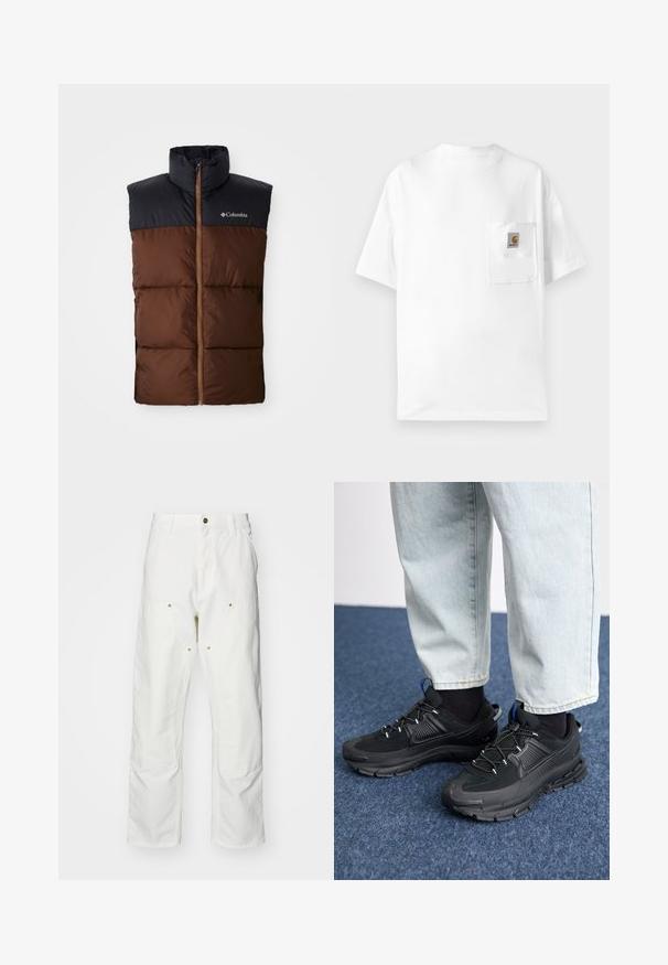 Brūna pūkaina veste ar augstu apkakli, tumši zilā plecu daļa, ar rāvējslēdzēju priekšpusē un pārklājošo tekstūru visā ķermenī. Klātesoša Columbia logo.; Balts kokvilnas T-krekls ar apaļu kakla izgriezumu, īsām piedurknēm un krūšu kabatu ar logotipa uzšuvumu. Minimālisma dizains un bezšuvju tekstūra.; Baltas kokvilnas kargo bikses ar brīvu piegriezumu. Iezīmes ietver priekšējās kabatas, zeltītas detaļas un pastiprinātas ceļa daļas.; Melni sporta apavi ar strukturētu audumu un gumijas zoli, ar elastīgām auklām un zilu akcentu uz papēža. Nēsāti ar gaišām džinsu biksēm.
