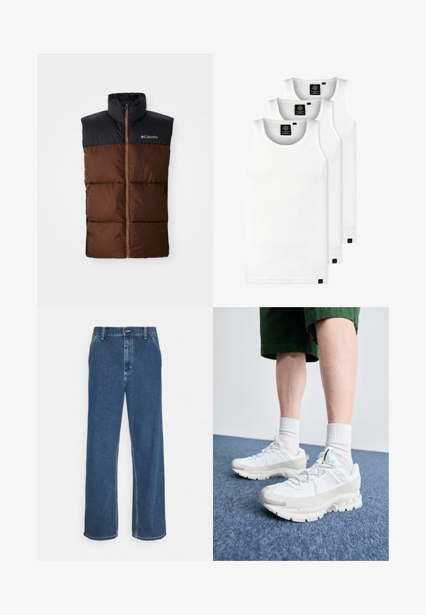 Brun pufferväst med hög krage, mörkblå axelparti, dragkedja fram och quiltat mönster över kroppen. Columbia-logotyp närvarande.; Tre vita ribbade linnen i bomull. Har rund halsringning och små svarta etiketter vid fållen. Finns i flera storlekar.; Blå denimjeans med rak passform, femficksdesign, metallknäppning och synlig sömnad längs sömmarna och fållen.; Vita atletiska skor med texturerade överlägg, en tjock sula och grå accenter. Bärs med vita strumpor och gröna shorts på en blå yta.