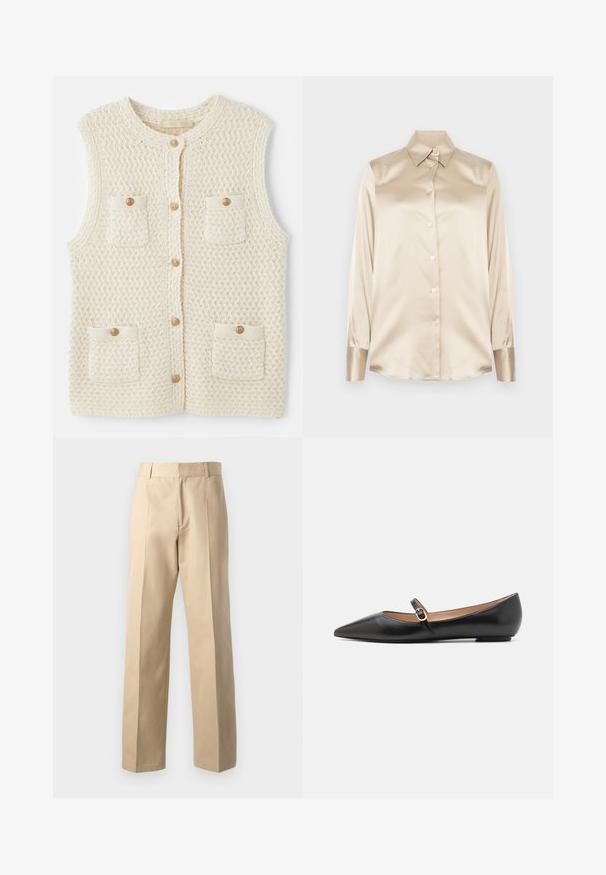 Vanessa Bruno ELISABETH - Vesta - ecru; Krémová saténová košile s špičatým límcem, dlouhými rukávy, zapínáním na knoflíky a manžetami s mírně lesklejším povrchem. Bez vzorů nebo akcentů.; Béžové kalhoty na míru se střihem rovného nohavice, mají hladkou texturu, centrální přední záhyby a klasický pas.; Černé kožené baleríny s špičatou špičkou a bočním páskem, který má kulatý zlatý akcent. Lehká konstrukce s plochou podrážkou.