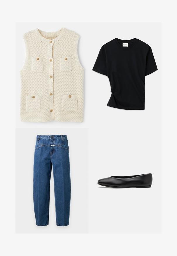 Vanessa Bruno ELISABETH - Smanicato - ecru; Maglietta nera realizzata in morbido cotone, con colletto a girocollo, maniche corte e un design leggermente torcigliato per una vestibilità rilassata.; Jeans in denim blu scuro, con una vestibilità comoda, design a cinque tasche, cuciture decorate e chiusura con bottone in vita.; Paul Smith TOPANGA - Ballerine - black