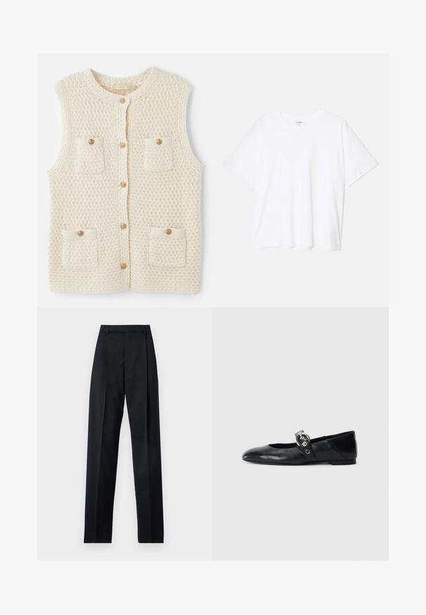 Vanessa Bruno ELISABETH - Liemenė - ecru; Balta medvilnės marškinėliai trumpomis rankovėmis, apvalia iškirpte, laisvo kirpimo ir su siūtu kraštu. Etiketė matoma vidinėje iškirptės pusėje.; Juodos kelnės iš lygaus audinio, pasižyminčios aukštu liemeniu, plačiomis kojomis, priekinėmis klostėmis ir klasikiais diržo kilpomis. Šoninių kišenių nematyti.; Juodų odinių baletinių batelių su smailiu nosiu, su užrišamu dirželiu su apvalia metaline sagtimi ir plokščiu padu.